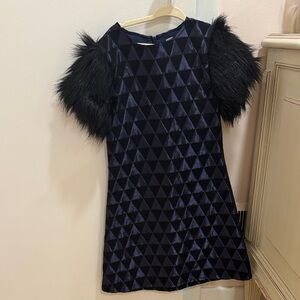 MM Couture Black Geometric Kids Dress with Faux Fur Sleeves